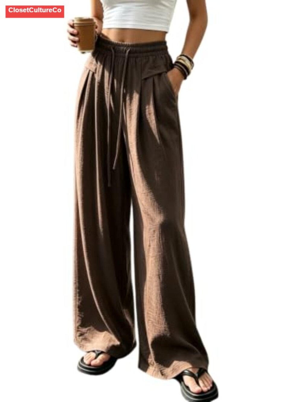 High-Waisted Wide-Leg Palazzo Pants with Pockets & Pleated Front